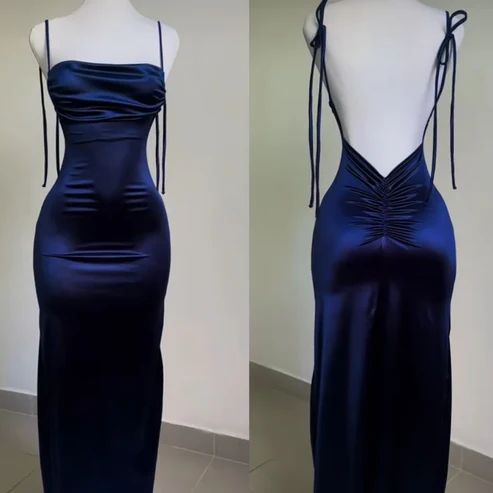 Robe de soirée longue en satin bleu roi à bretelles et dos nu, DP2785