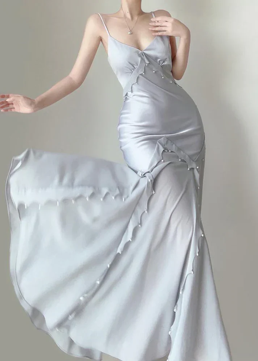 Light Blue Evening Dress Spaghetti Straps Mermaid Satin Long Party Dress, DP5363