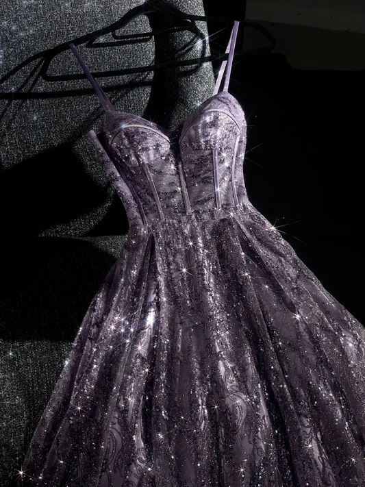 Shiny Purple Spaghetti Straps A-Line Lace Tulle Long Prom Dresses Birthday Outfits, DP5135
