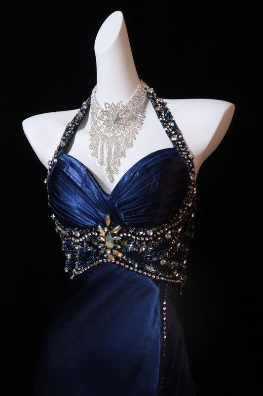 Navy Blue Halter Neck A-Line Satin Beading Long Prom Dress Evening Gown, DP5247