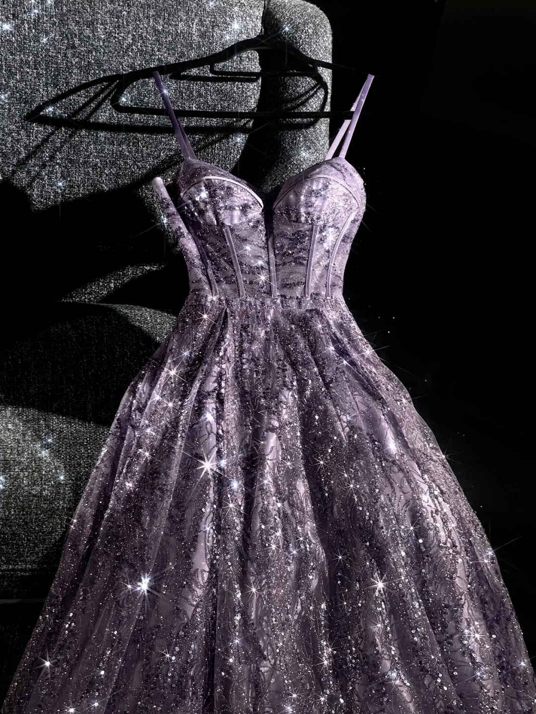Robe de bal longue violette brillante à bretelles spaghetti, coupe trapèze, en dentelle et tulle, tenue d'anniversaire, DP5135