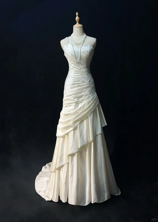 Robe de soirée longue blanche asymétrique, coupe trapèze, à perles, style vintage, DP4880