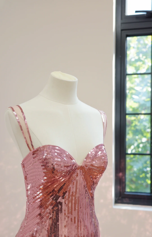 Shiny Pink Straps Sheath Sequins Birthday Outfits Long Evening Dresses, DP5161