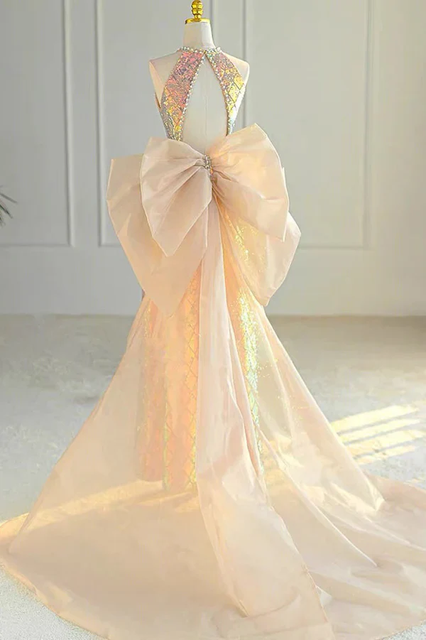 Gorgeous Gold Halter Sequins Glitter Long Prom Dress Evening Gown, DP3211