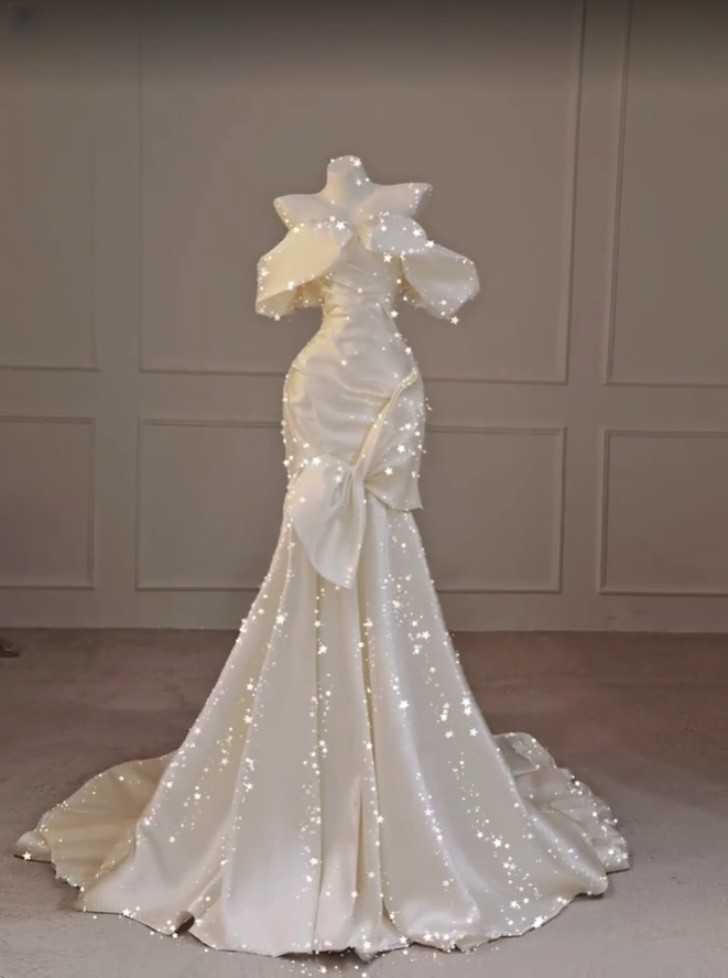 White Off Shoulder Mermaid Satin Long Wedding Dresses Birthday Outfits, DP5194