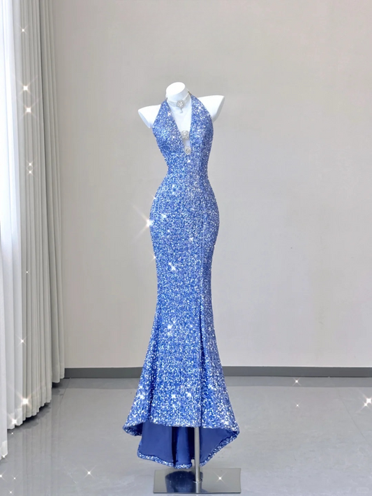 Elegant Blue V-neck Halter Dress Sequins Mermaid Long Prom Dress Evening Dress, DP3790