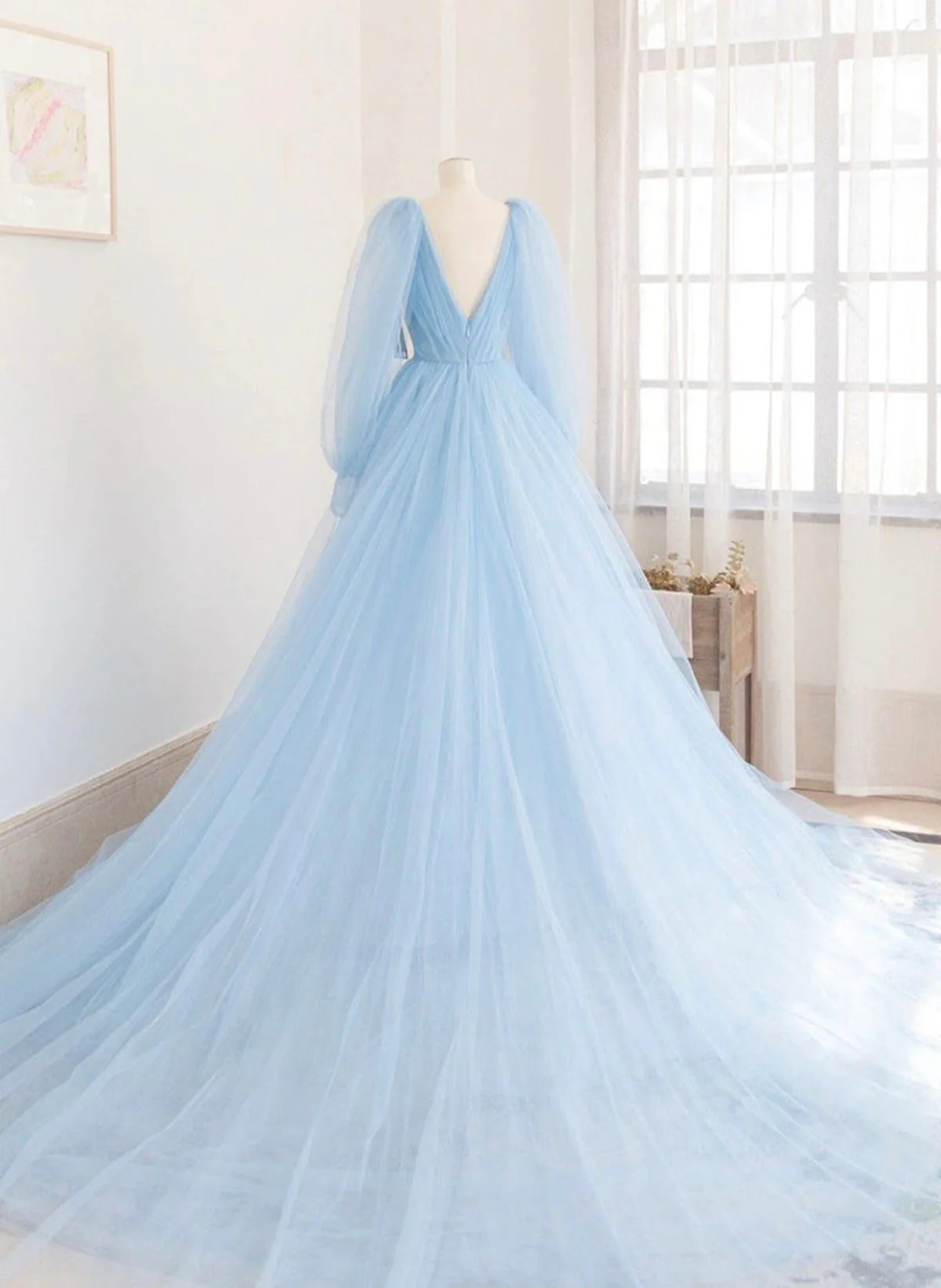Light Blue Long Sleeves V Neck Long Formal Dress A-Line Evening Dress, DP2823