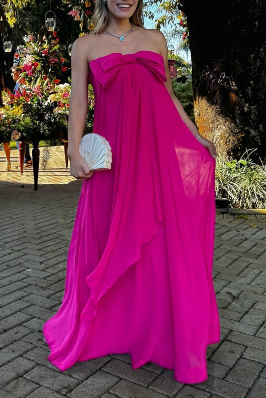 Hot Pink Strapless A-Line Cute Bowknot Long Party Dress Wedding Guest Dress, DP3443