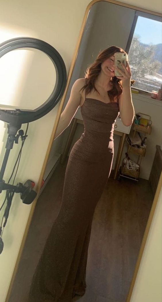 Braunes Meerjungfrau-Ballkleid mit langen Trägern, Abendkleid, Partykleid, DP2975