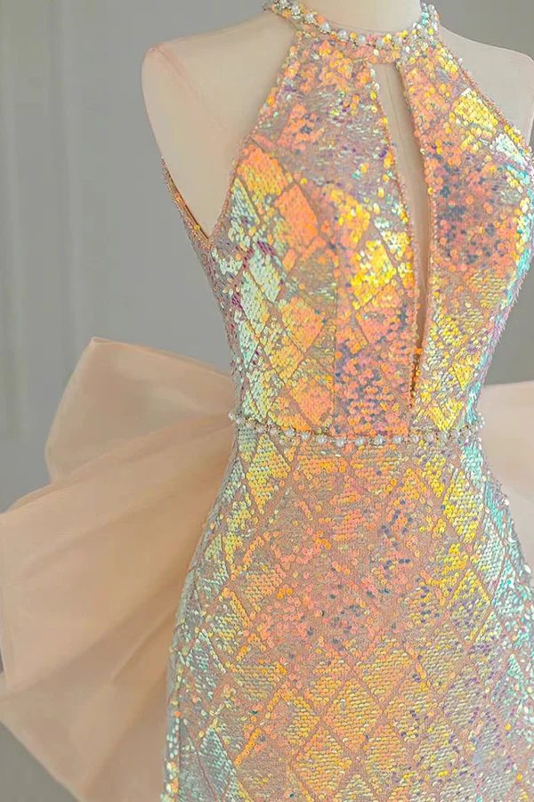Gorgeous Gold Halter Sequins Glitter Long Prom Dress Evening Gown, DP3211