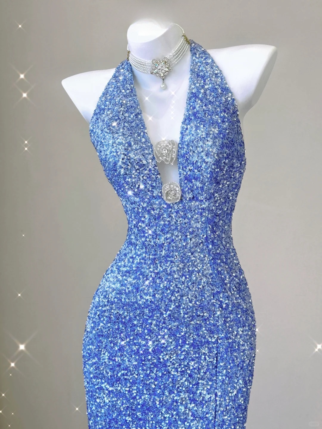 Elegant Blue V-neck Halter Dress Sequins Mermaid Long Prom Dress Evening Dress, DP3790