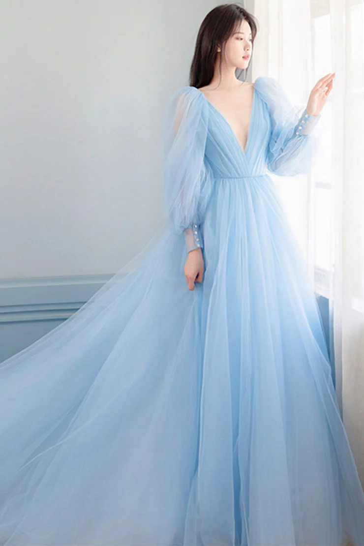 Robe de soirée trapèze bleu clair à manches longues et col en V, DP2823