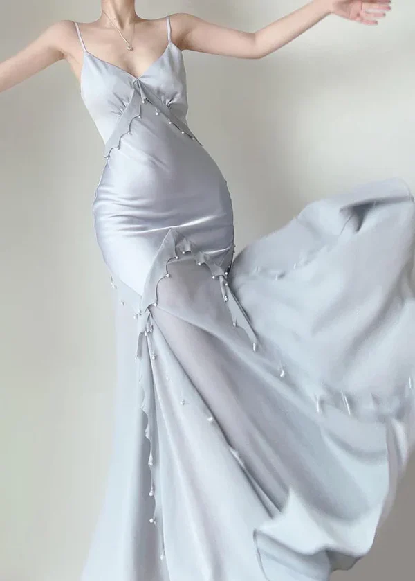 Light Blue Evening Dress Spaghetti Straps Mermaid Satin Long Party Dress, DP5363