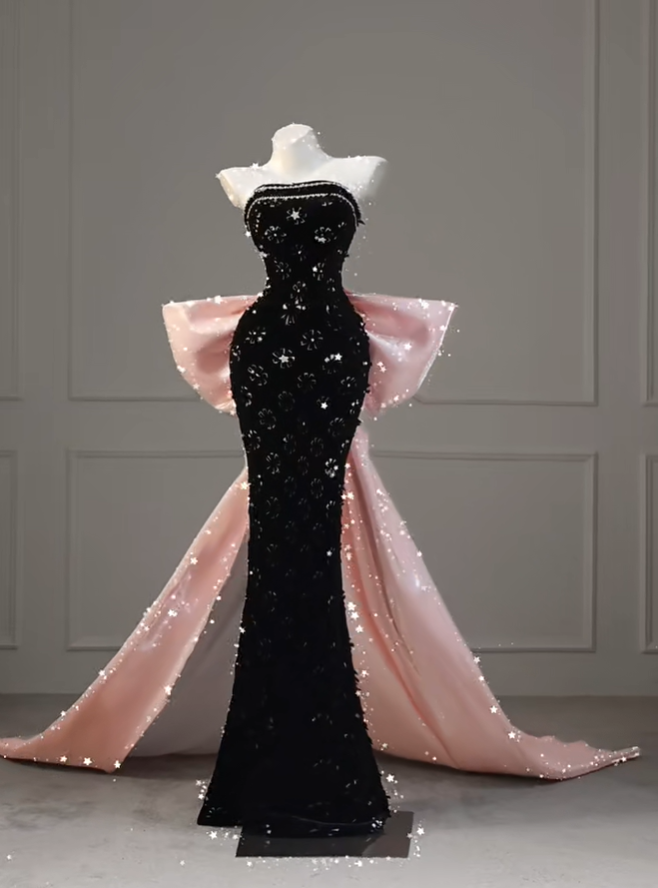 Schwarzes trägerloses Meerjungfrau-Abendkleid mit Perlenbesatz, langes Geburtstags-Outfit, DP5195
