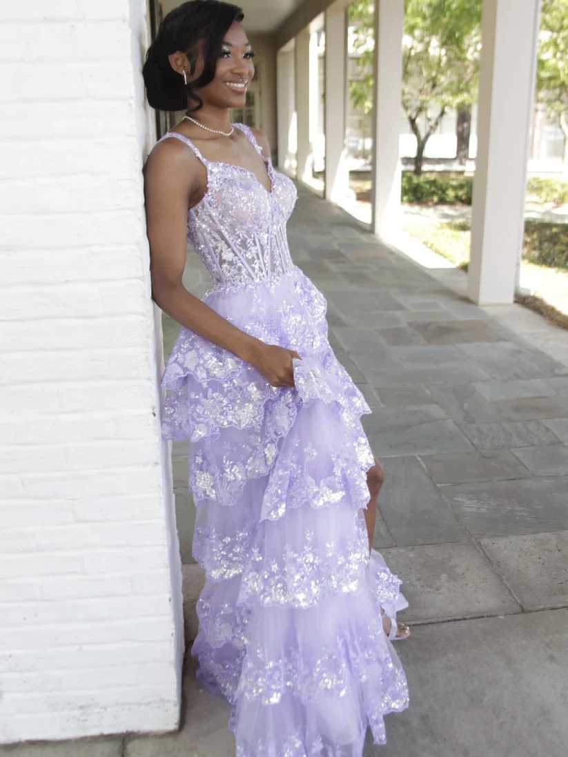 Lilac Straps A-Line Lace Tulle Long Formal Prom Dress, DP2814