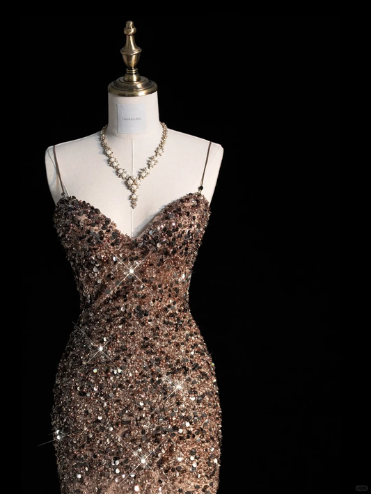 Pretty Spaghetti Straps Mermaid Sequins Long Party Dress Evening Gowns, DP5220