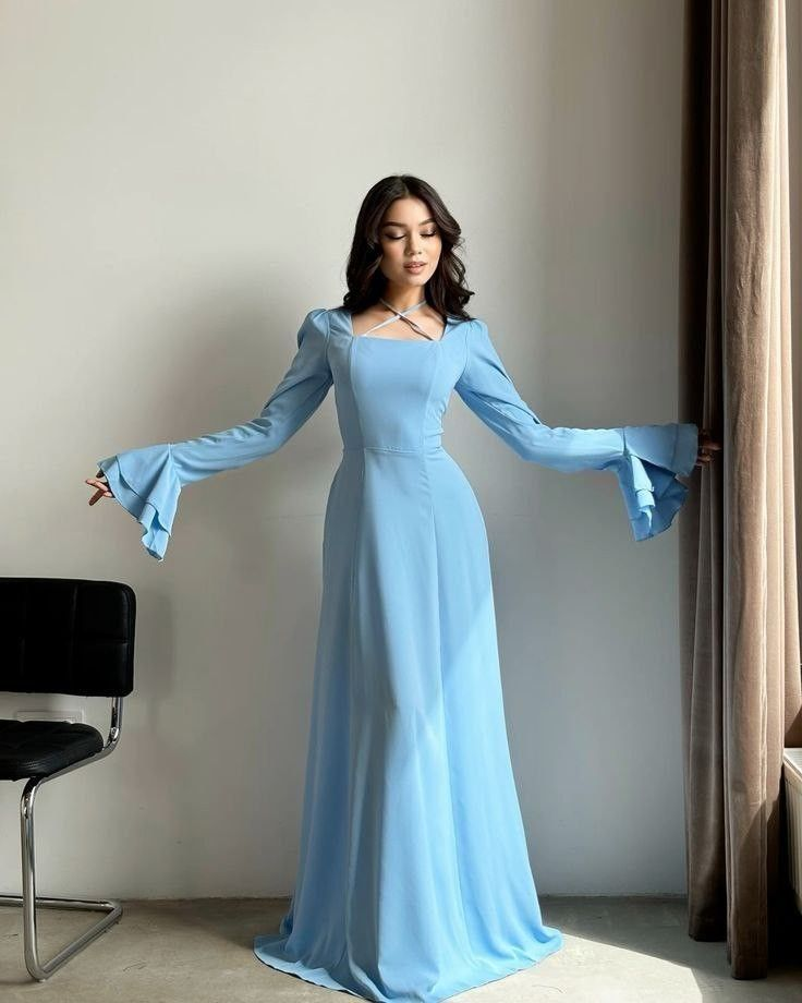 Elegant Blue Long Sleeves A-Line Long Formal Party Dress Evening Gown, DP5188