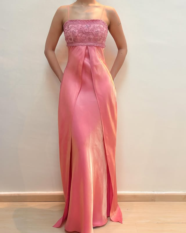 Robe de soirée fourreau rose longue à bretelles spaghetti, style vintage, DP5399