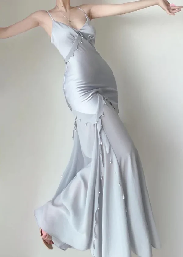 Light Blue Evening Dress Spaghetti Straps Mermaid Satin Long Party Dress, DP5363