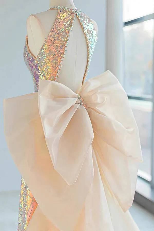 Gorgeous Gold Halter Sequins Glitter Long Prom Dress Evening Gown, DP3211