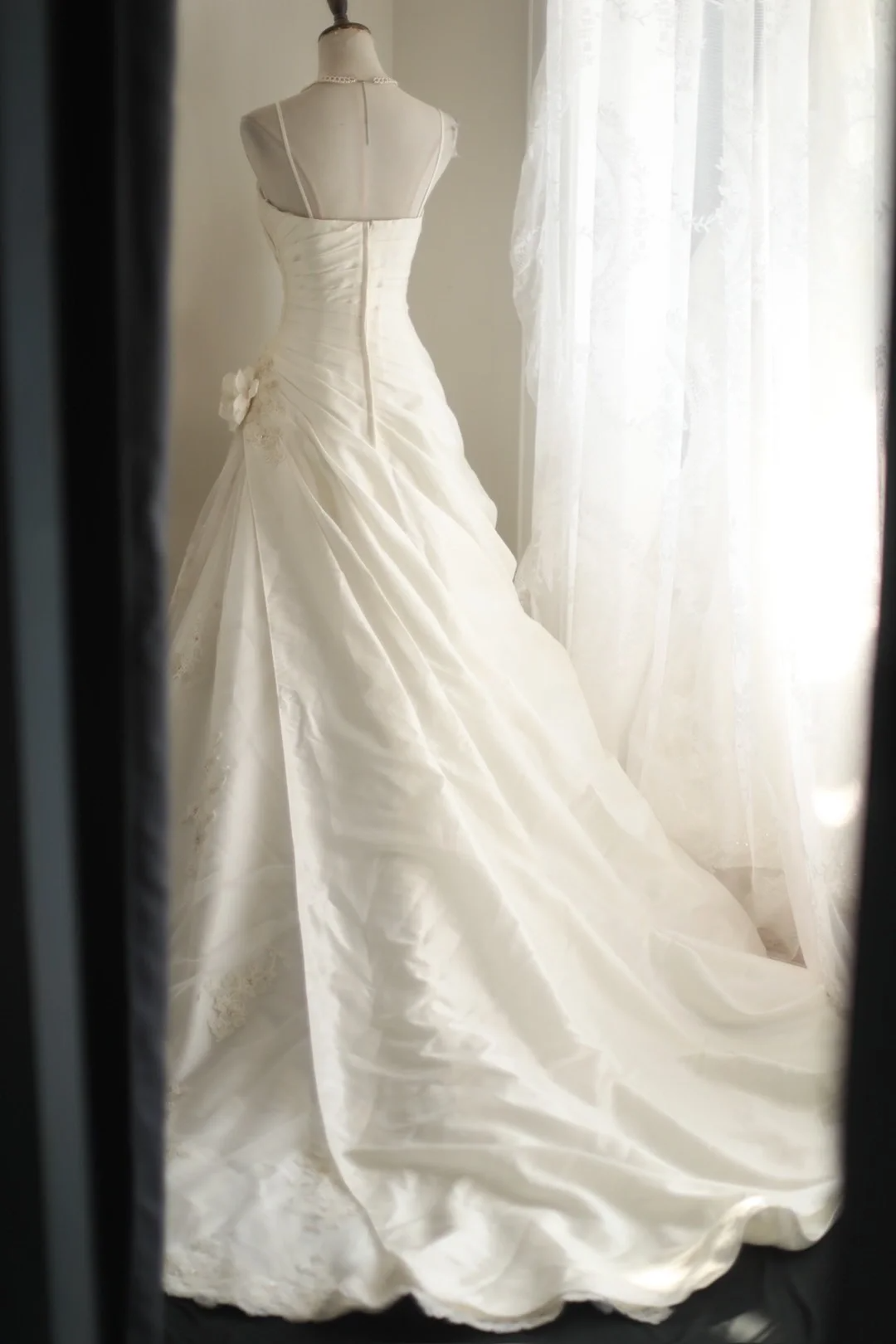 Spaghetti Straps White A-Line Lace Satin Vintage Wedding Dress Bridal Dress, DP5172