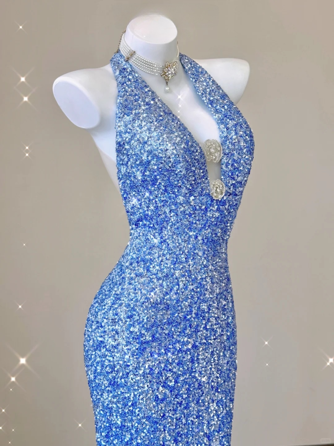 Elegant Blue V-neck Halter Dress Sequins Mermaid Long Prom Dress Evening Dress, DP3790