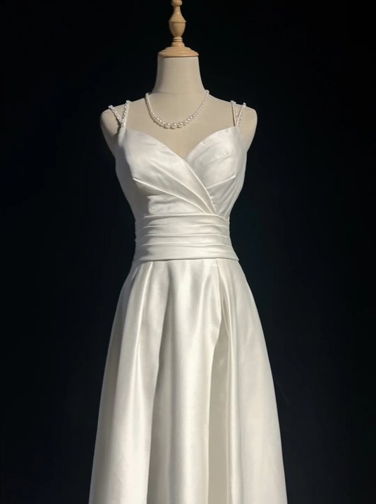 Elegant White Straps A-Line Satin Beading Long Formal Prom Dress Evening Dress, DP5322