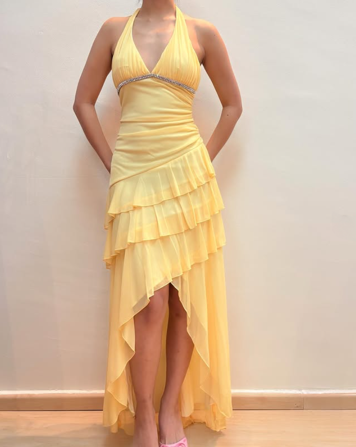 Yellow Halter Neck Sheath Chiffon Vintage Long Prom Dress Evening Party Dress, DP5401