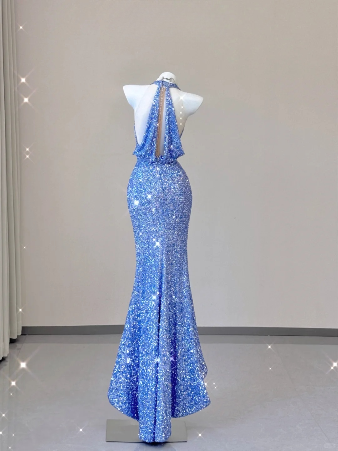 Elegant Blue V-neck Halter Dress Sequins Mermaid Long Prom Dress Evening Dress, DP3790