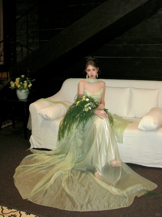 Light Sage Strapless A-Line Long Evening Party Dress Birthday Outfits, DP5234