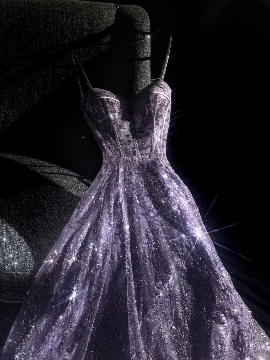 Robe de bal longue violette brillante à bretelles spaghetti, coupe trapèze, en dentelle et tulle, tenue d'anniversaire, DP5135