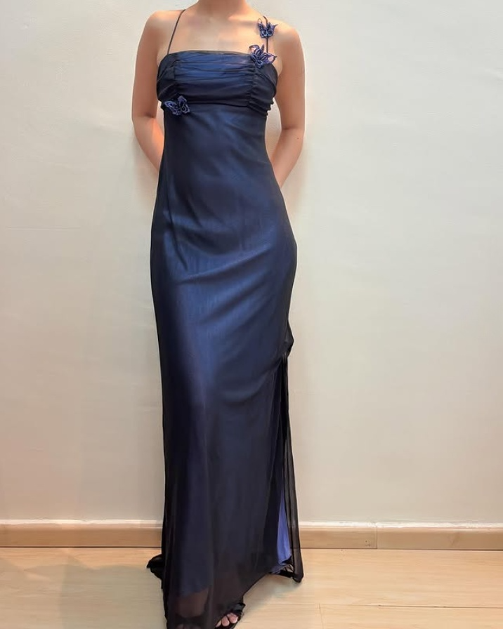 Robe de soirée fourreau bleu marine vintage longue à bretelles, DP5403