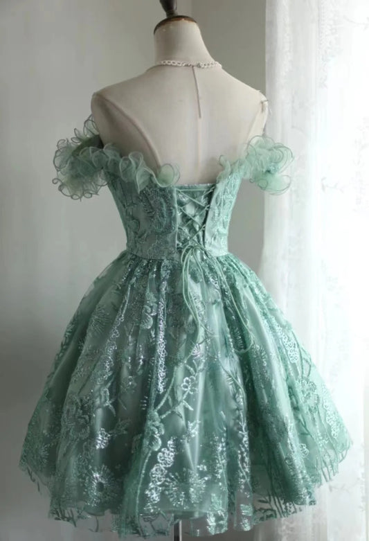 Vintage Green Appliqued Lace-up A-line Off-the-shoulder Party Dresses Homecoming Dresses, DP5808