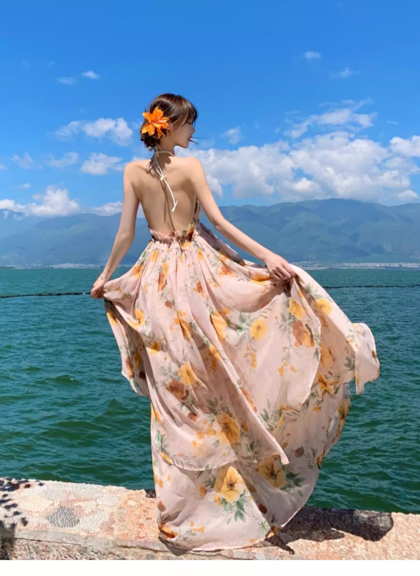 Robe trapèze sans manches à col en V et motif floral, élégante, idéale pour les vacances à la plage, DP6257