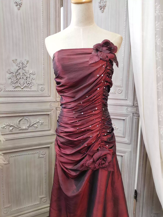 Vintage Burgundy Strapless Satin Mermaid Evening Gown Ruched Bodice Floral Formal Formal Prom Dress DP7602
