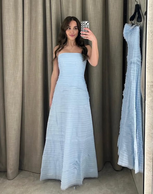 Light Blue Strapless A-Line Long Party Dress Wedding Guest Dress, DP3381