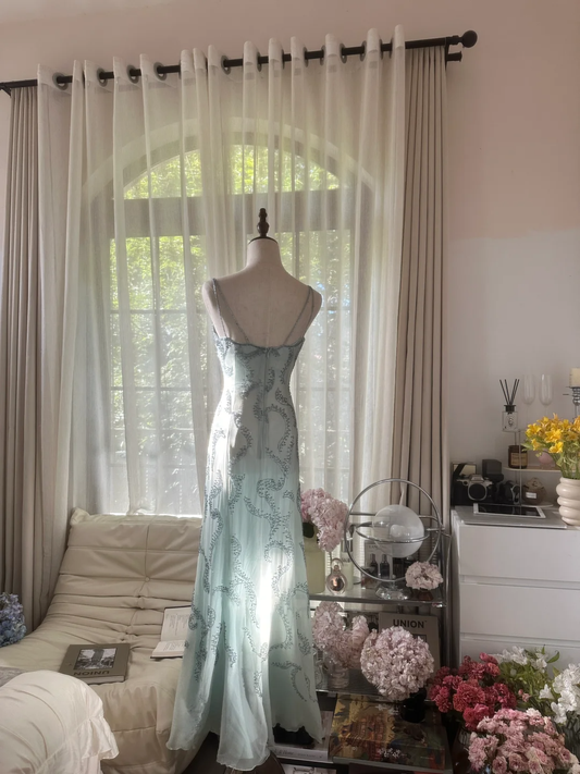 Retro Light Green Sparkling Beaded Spaghetti Strap Design Elegant Chiffon Evening Dress Prom Dress, DP5992