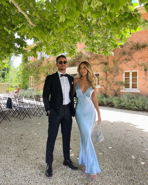 Light Blue Deep V Neck Long Party Dress Wedding Guest Dress,DP1285
