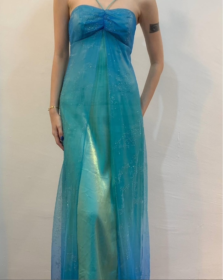 Charming Blue Halter Satin Tulle Long Evening Party Dress, DP3012