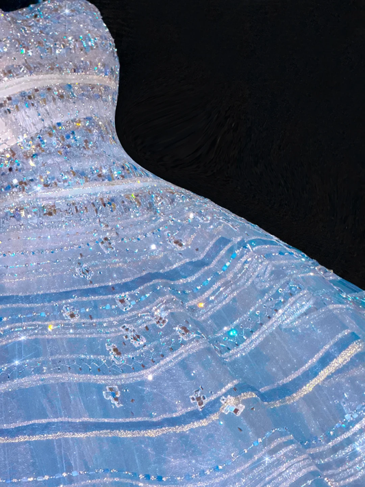 Robe de soirée vintage en tulle bleu scintillant à sequins et décolleté en cœur, coupe trapèze, robe de bal DP6162