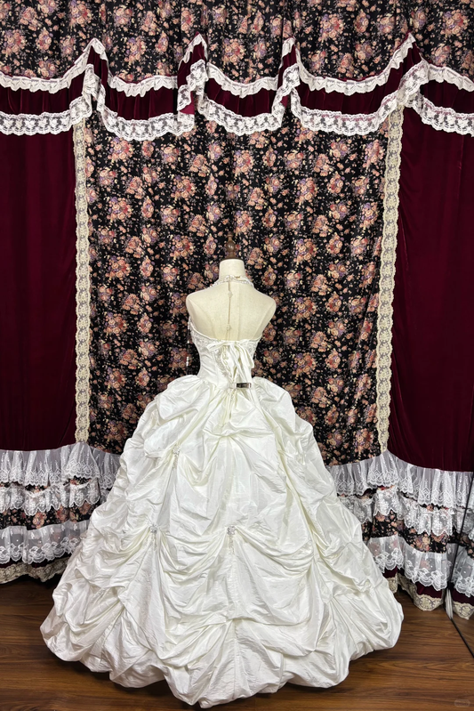 Robe de Quinceanera rétro blanche en satin, sans bretelles, avec perles, pour un anniversaire de 16 ans, DP5913