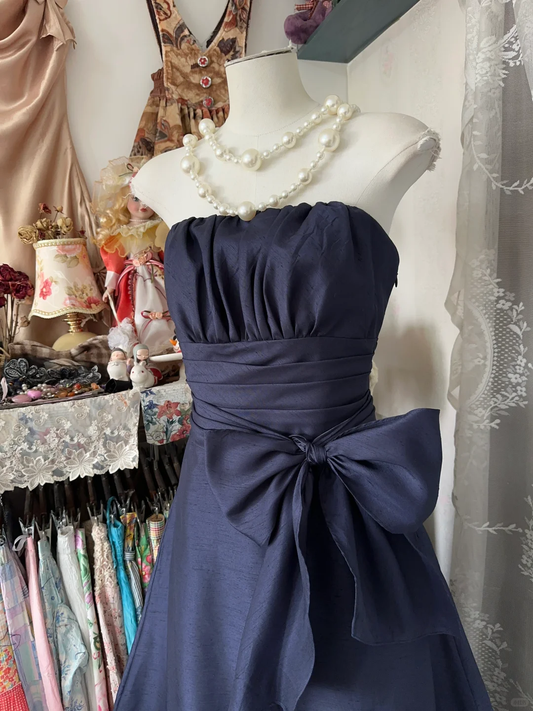 Elegant Navy Blue Bowknot Strapless A-Line Long Prom Dress Evening Dress DP6385