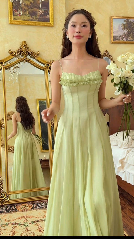 Vintage Sage Green Spaghetti Strap A-Line Evening Gown DP8272