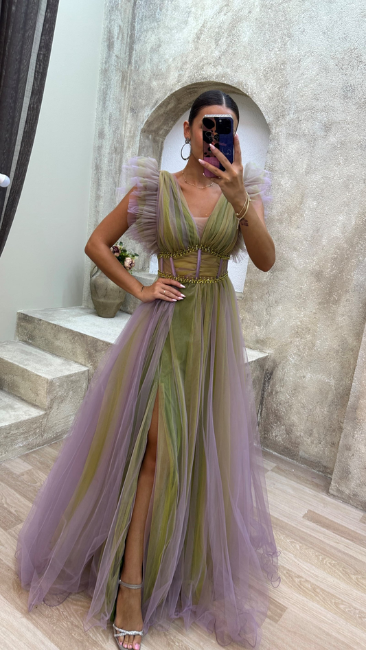 Beaded A-Line V-Neck Sheer Tulle Evening Dress Long Prom Dress,DP464