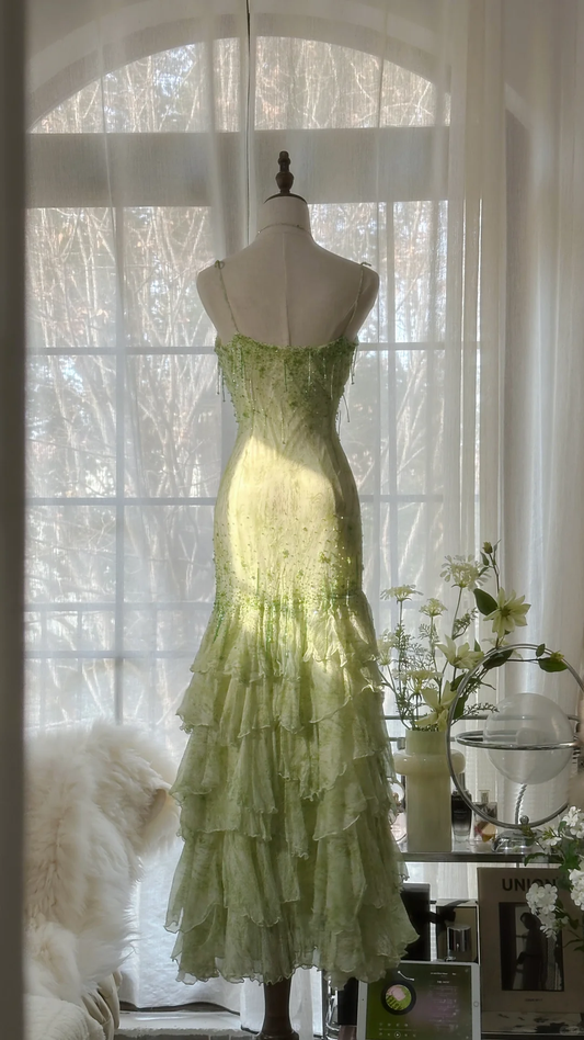 Elegant Green Fairy Mermaid Long Chiffon Spaghetti Strap Ball Gown Evening Dress Prom Dresses Dresses DP6001