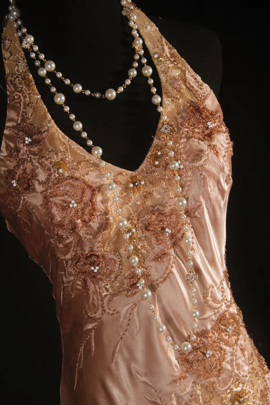 Glamorous Champagne Satin Halter-Neck Floral Embroidery Beaded Evening Gown DP7384