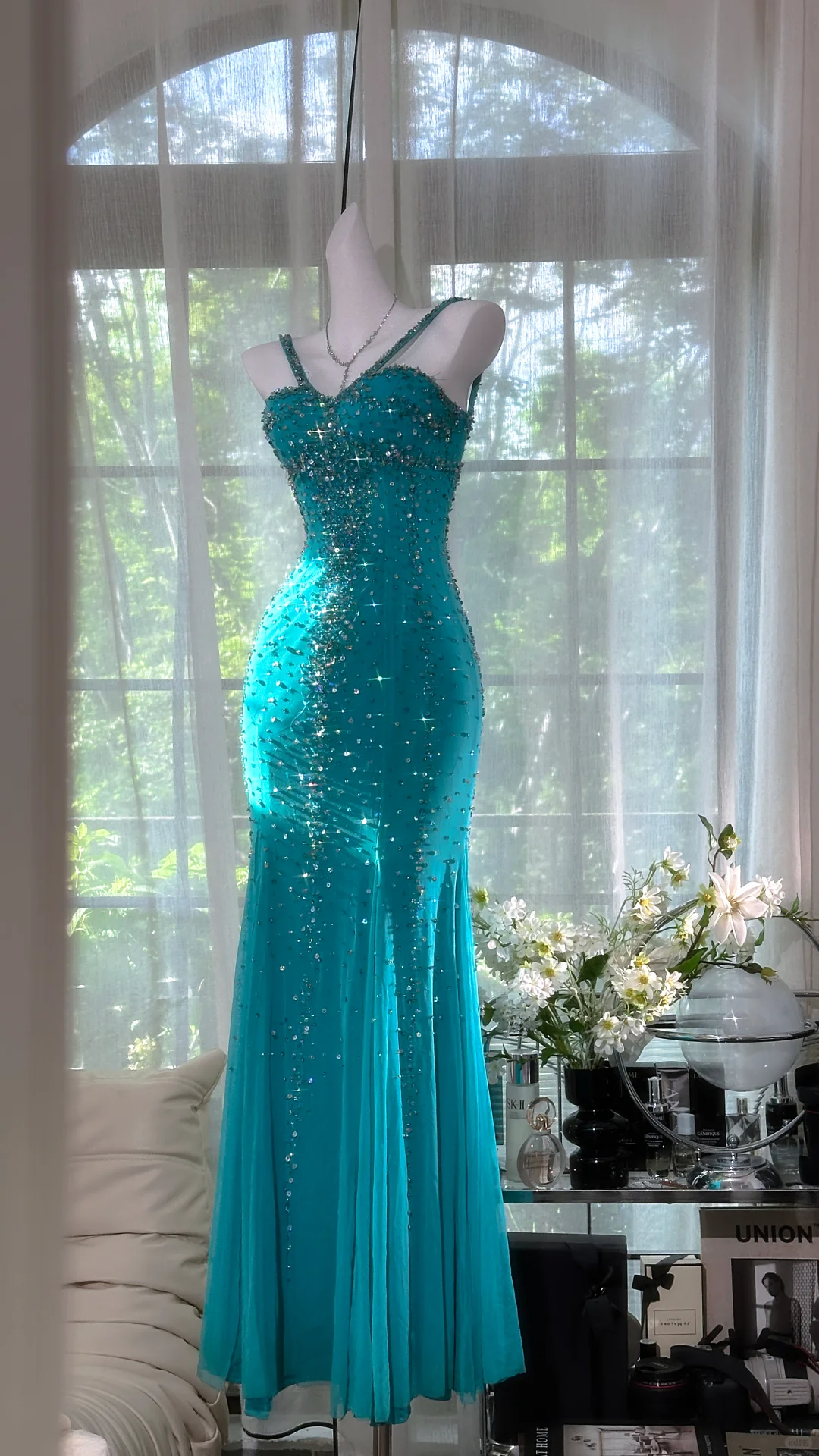 Vintage Shiny Beaded Blue Spaghetti Strap Mermaid Prom Dress Evening Dress DP6353