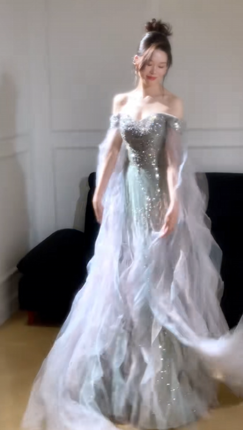 Vintage Silver Sequined Off-Shoulder Prom Dress Romantic A-Line Tulle Evening Gown DP7125