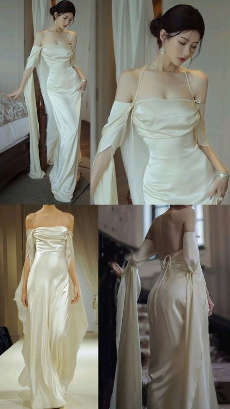 Elfenbeinfarbenes schulterfreies Maxikleid, rückenfreies langes Partykleid aus Satin, DP3605