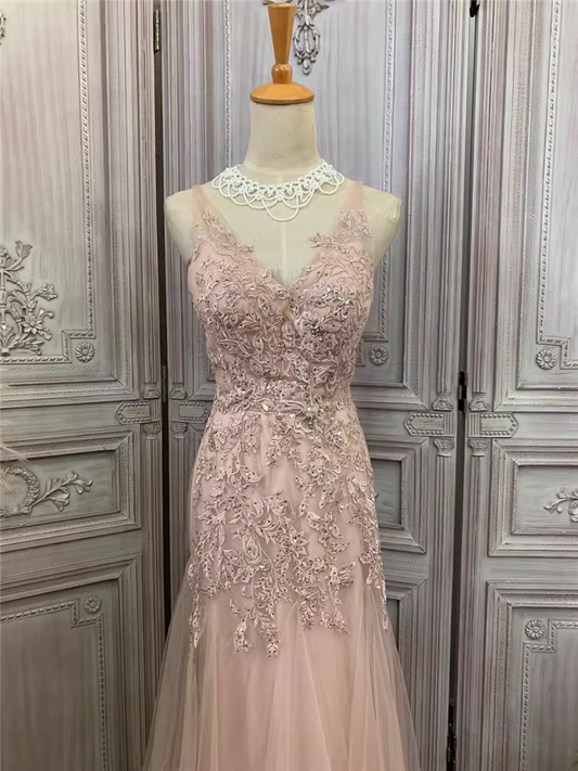 Robe de soirée sirène rose vintage, ornée de dentelle, col en V, en tulle, robe de bal formelle DP7600